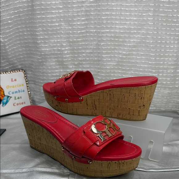(N7) COACH RED LEATHER AND CORK PLATFORMS, size 8.5 B - Picture 1 of 12